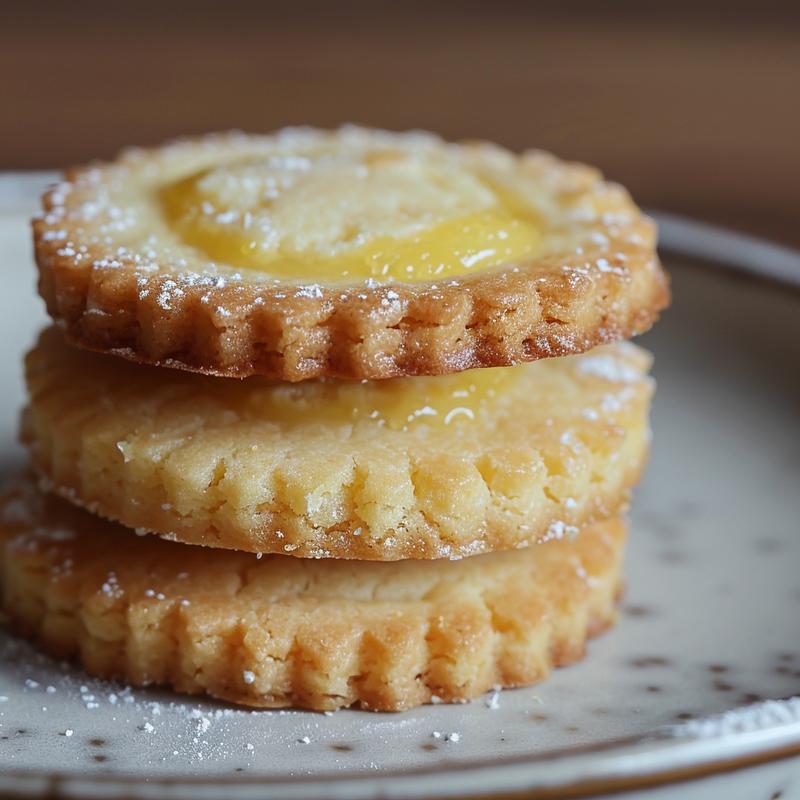 Stack of three lemon curd shortbread cookies on a grey plate.