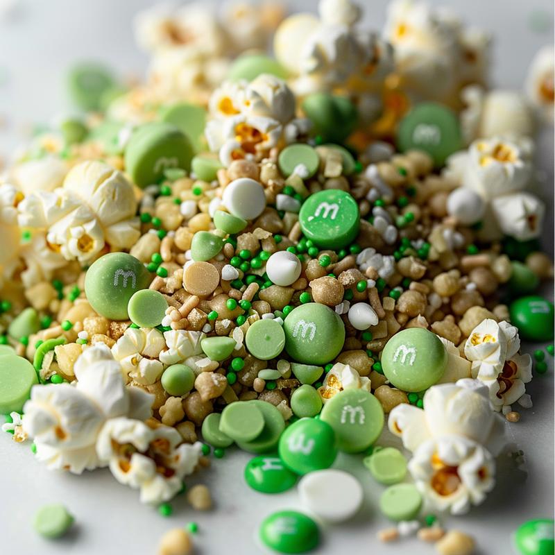 Close-up of St. Patrick's Day popcorn mix featuring popcorn, green candies, sprinkles, and white chocolate chips.