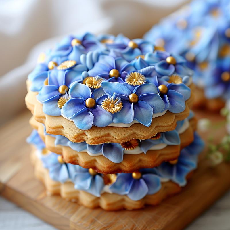 Stack of three sugar cookies decorated as blue and gold hydrangeas.