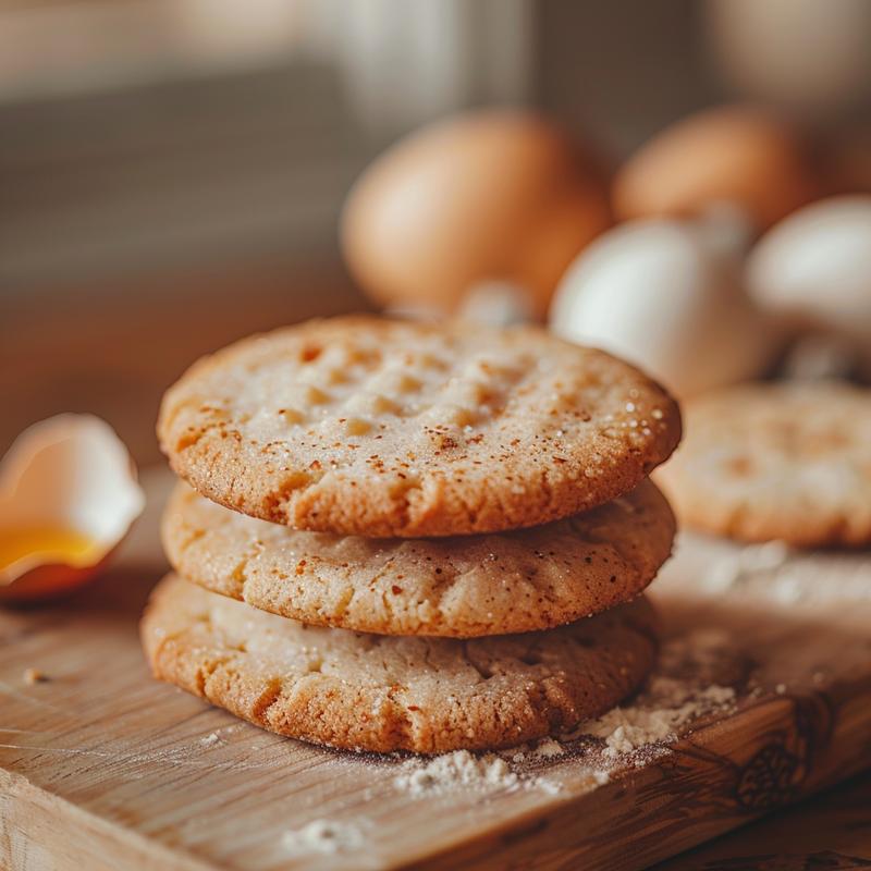 Stack of three golden egg-shaped cookies on light wood.