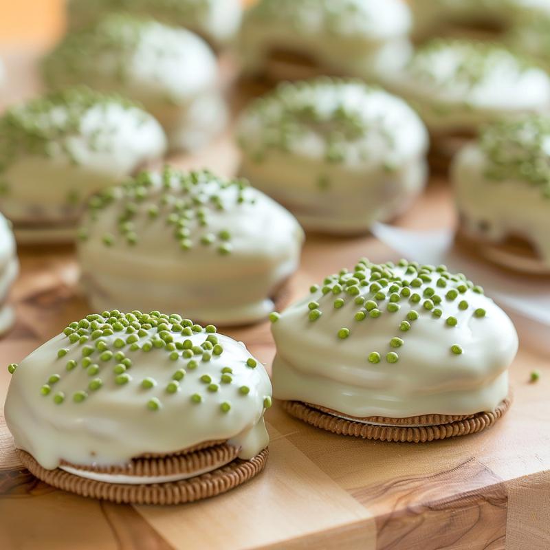 Close-up of green-sprinkled, white chocolate-covered Oreos on a wood surface.