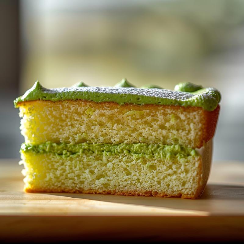 Close-up of bright green cake with visible ingredients on wood.
