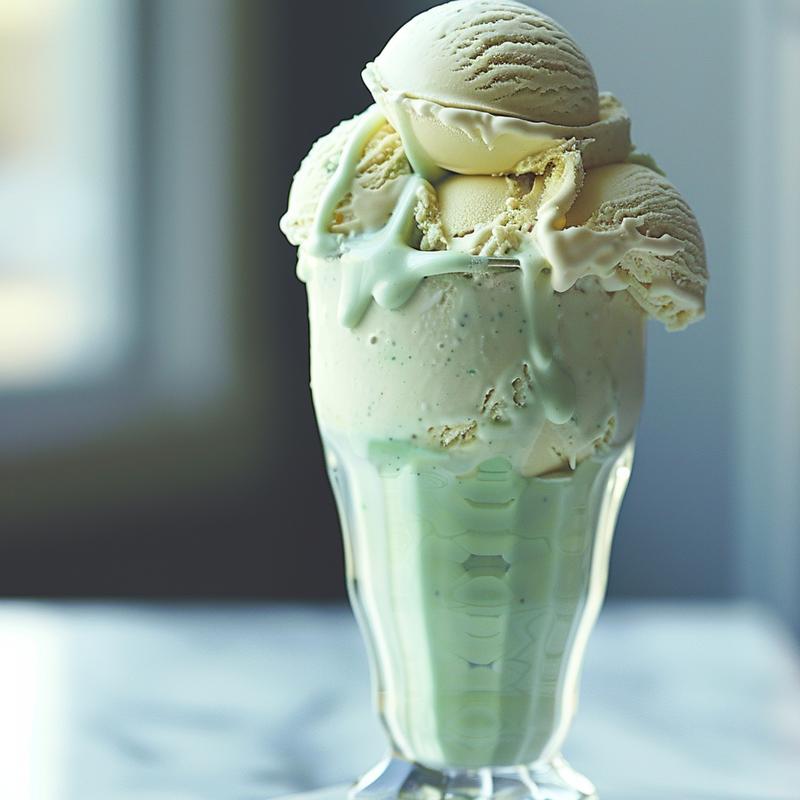 Close-up of a green shamrock shake with visible vanilla ice cream and ingredients on a white marble surface.
