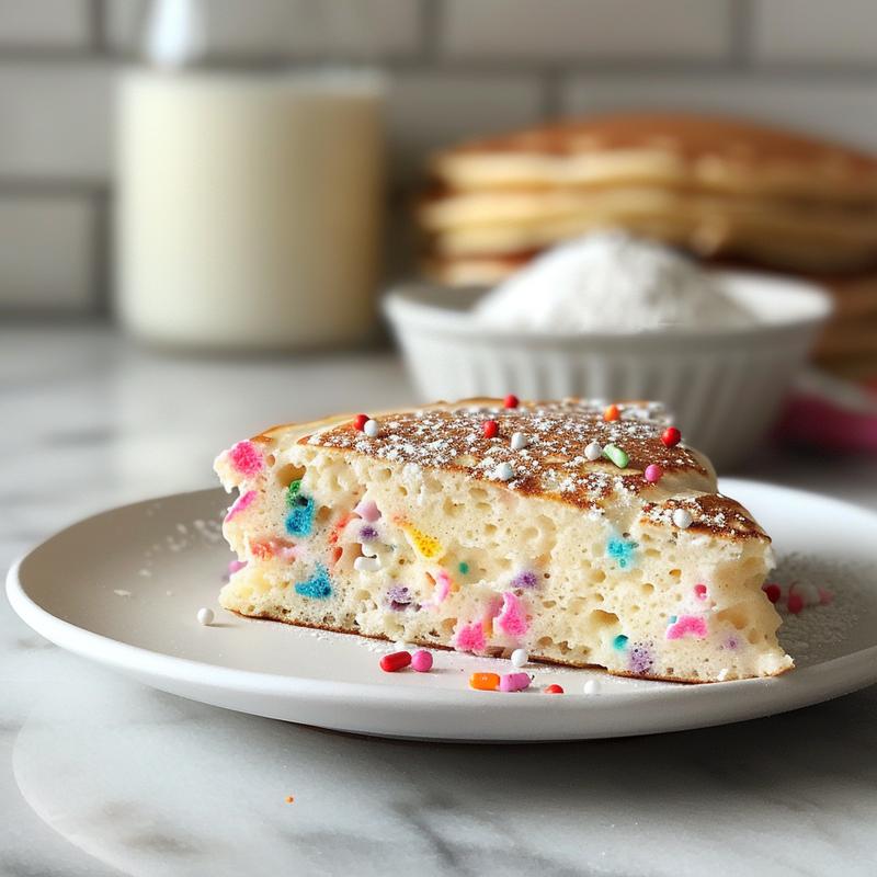 Close-up of a slice of colorful funfetti pancake on a white plate.