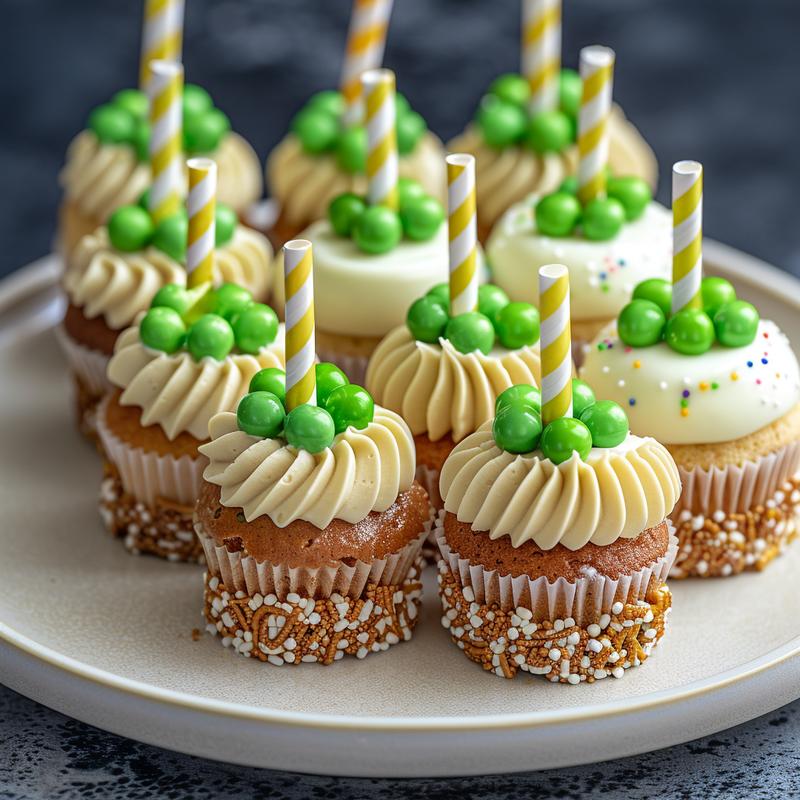 Close-up of a whimsical dessert made with pretzels, white chocolate, and green candies on a grey plate.