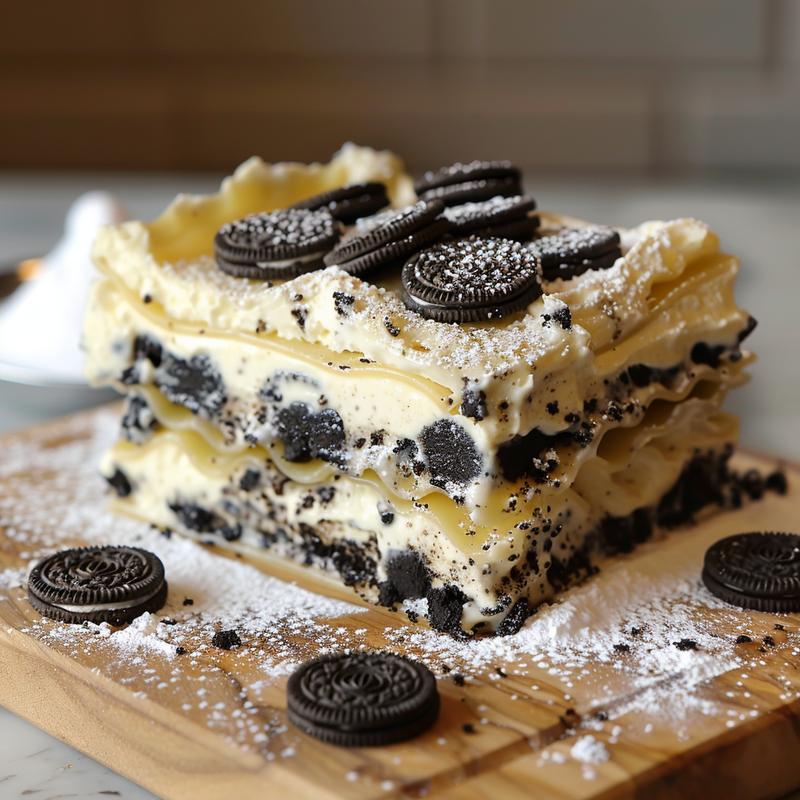 Close-up of a layered Shamrock Shake dessert lasagna slice.