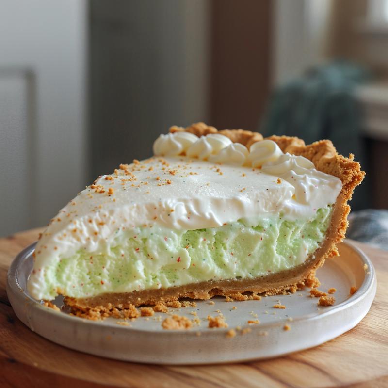 Close-up of a slice of green shamrock shake pie on a plate.