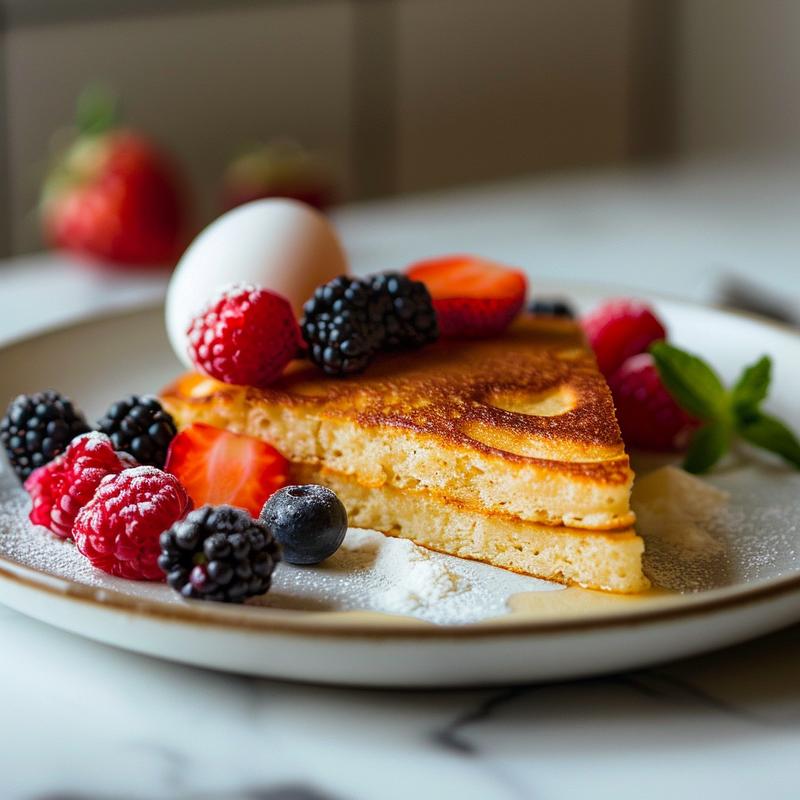 Close-up of heart-shaped pancake slice topped with berries on white marble.
