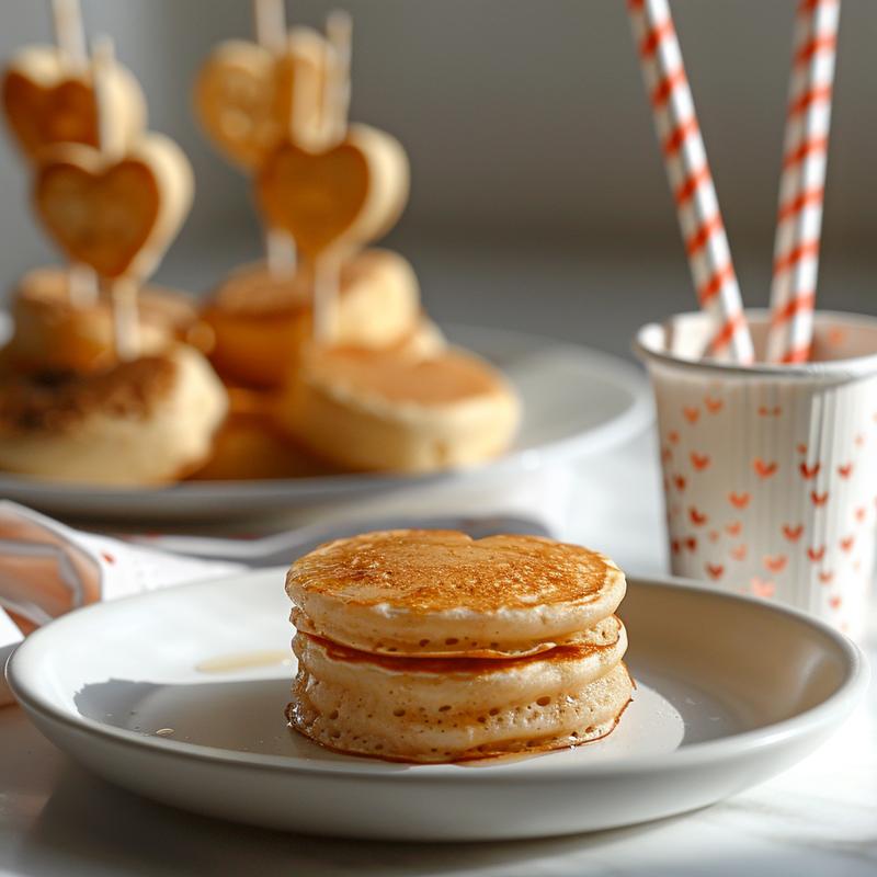Close-up of a Valentine's breakfast featuring heart-shaped pancakes and crumpets on white marble.