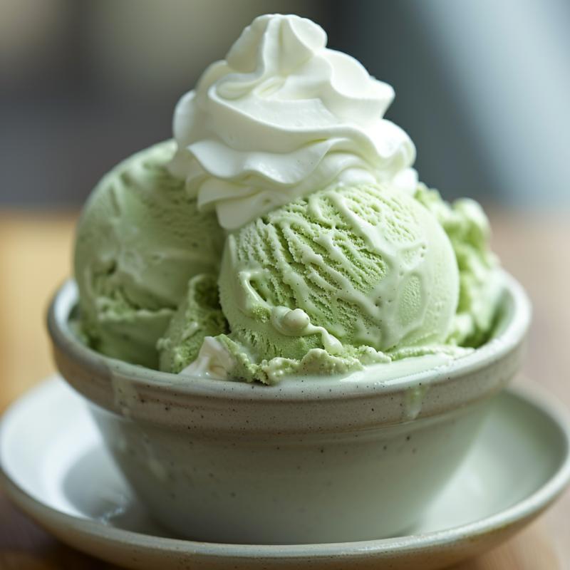 Close-up of a green slushie with visible ice cream and whipped cream.