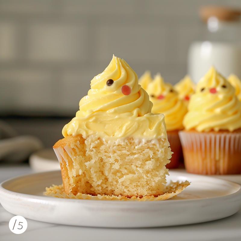 Close-up of a yellow buttercream frosted cupcake decorated to look like an Easter chick.