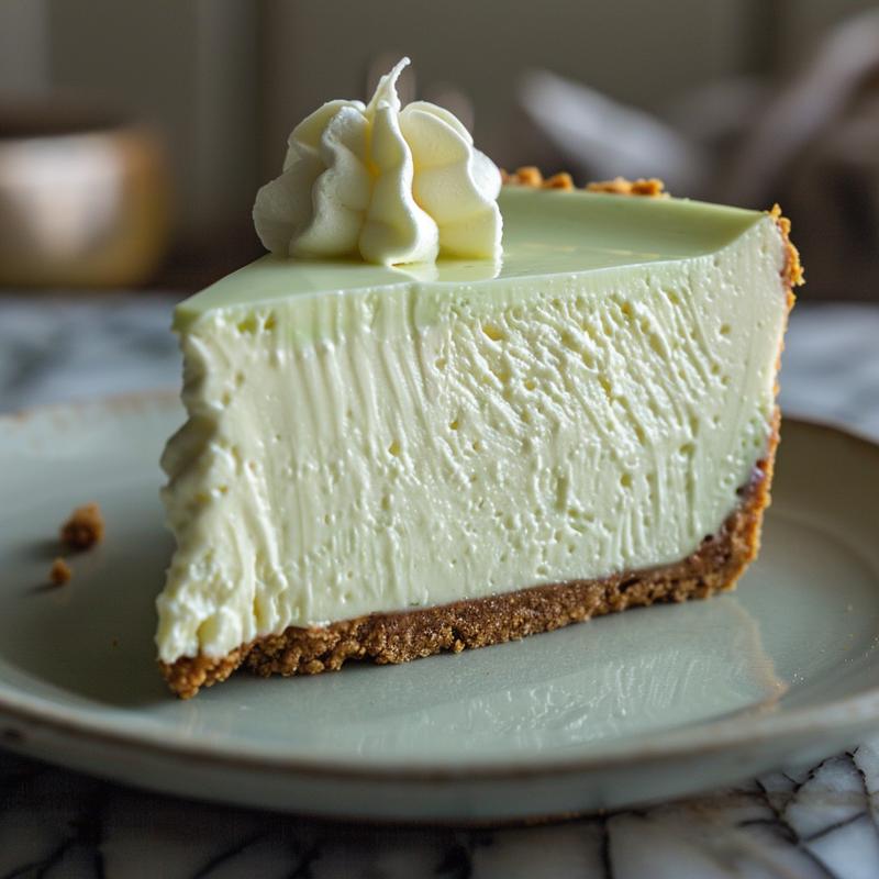 Close-up of a slice of green and white cheesecake on a grey plate.