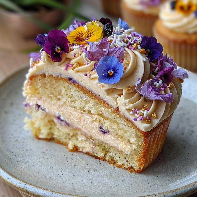 Close-up of a floral decorated cupcake slice on a grey plate.