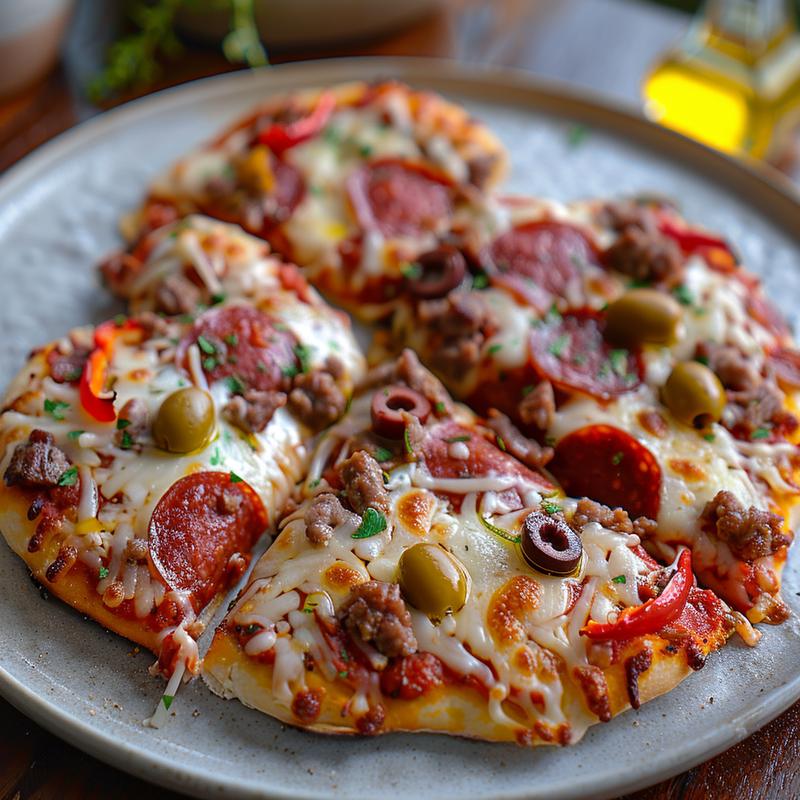 Close-up of a heart-shaped pizza with visible toppings on a light grey plate.