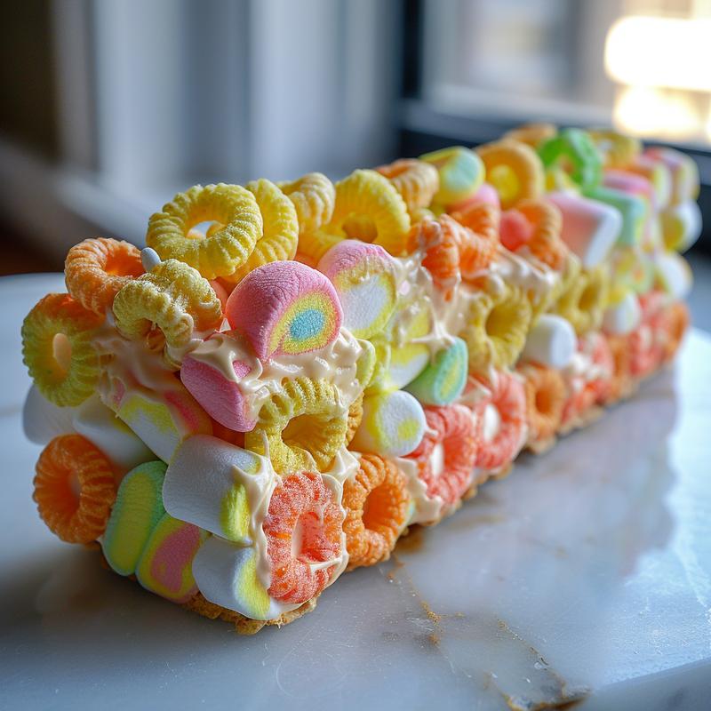 Close-up of fruit loop marshmallow rainbows on white marble.