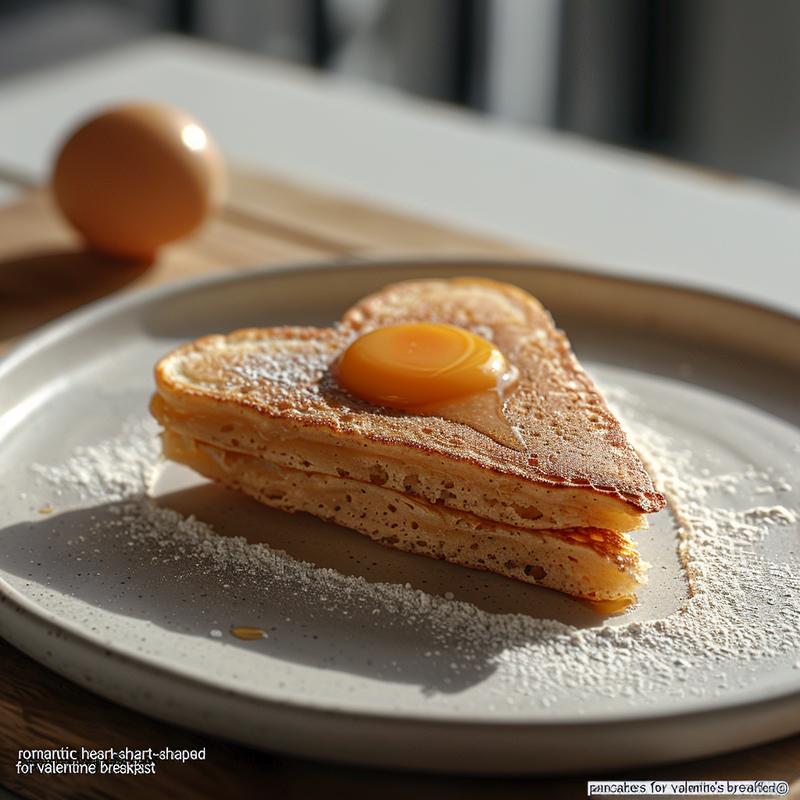 Close-up of a heart-shaped pancake slice on a plate.