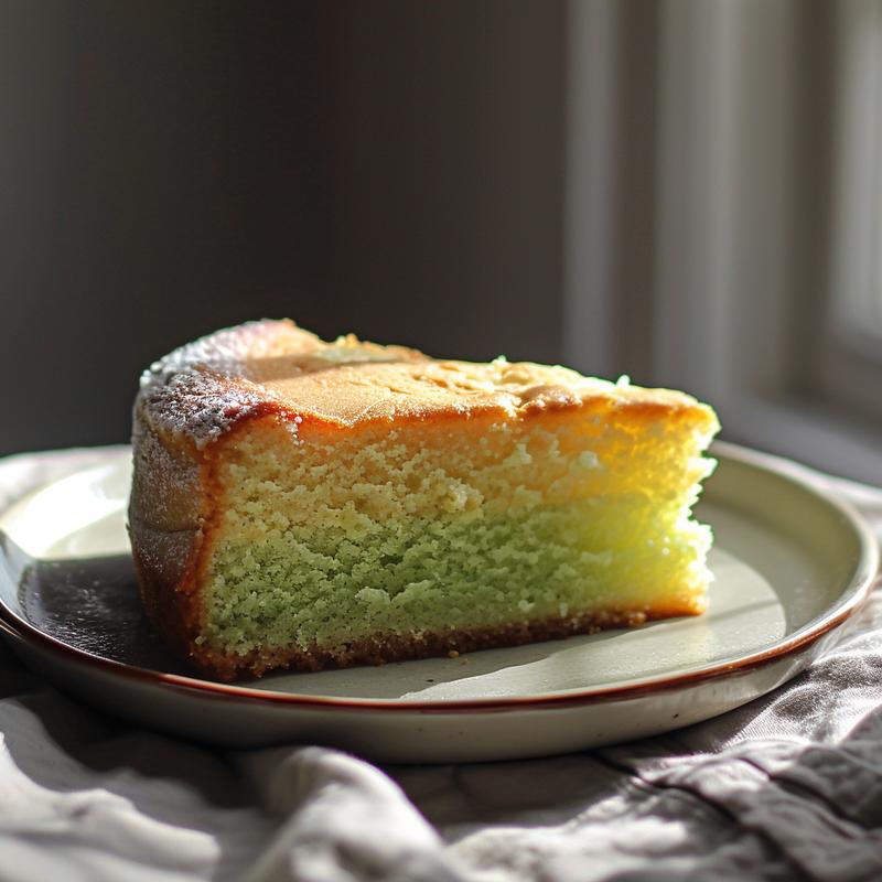 Close-up of a slice of green and white layered cake on a grey plate.
