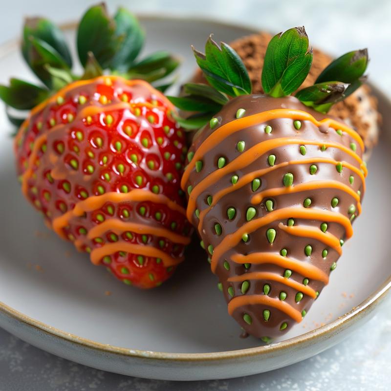 Close-up of chocolate-covered strawberries styled as Easter carrots on a light grey plate.