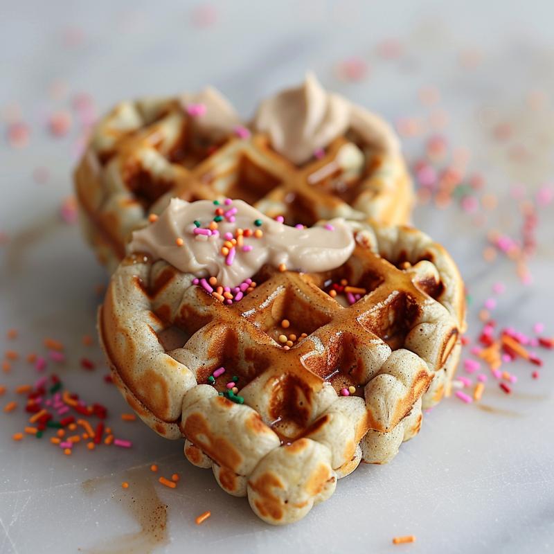 Heart-shaped cinnamon roll waffles on a marble surface, drizzled with frosting and sprinkles.
