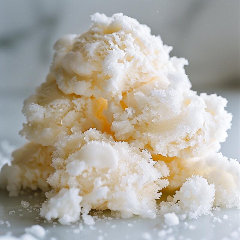 Close-up of snow ice cream ingredients: snow, milk, sugar, vanilla on white marble.