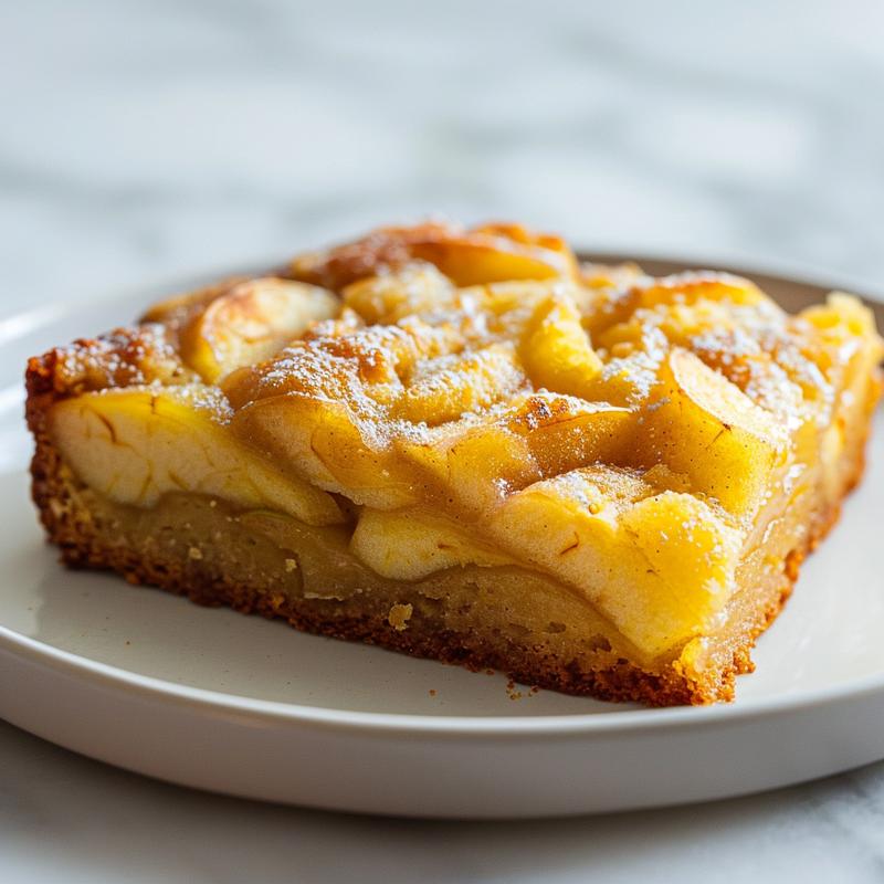 Close-up of a slice of gluten-free apple cake on a white plate.