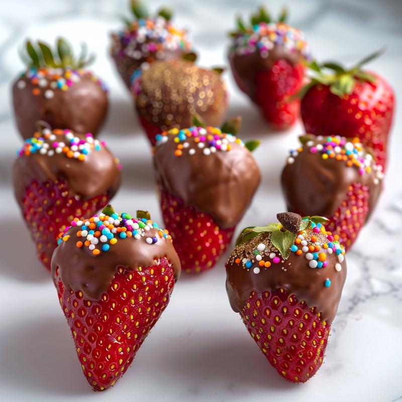 Close-up of chocolate-covered strawberries with Easter sprinkles on a white marble surface.