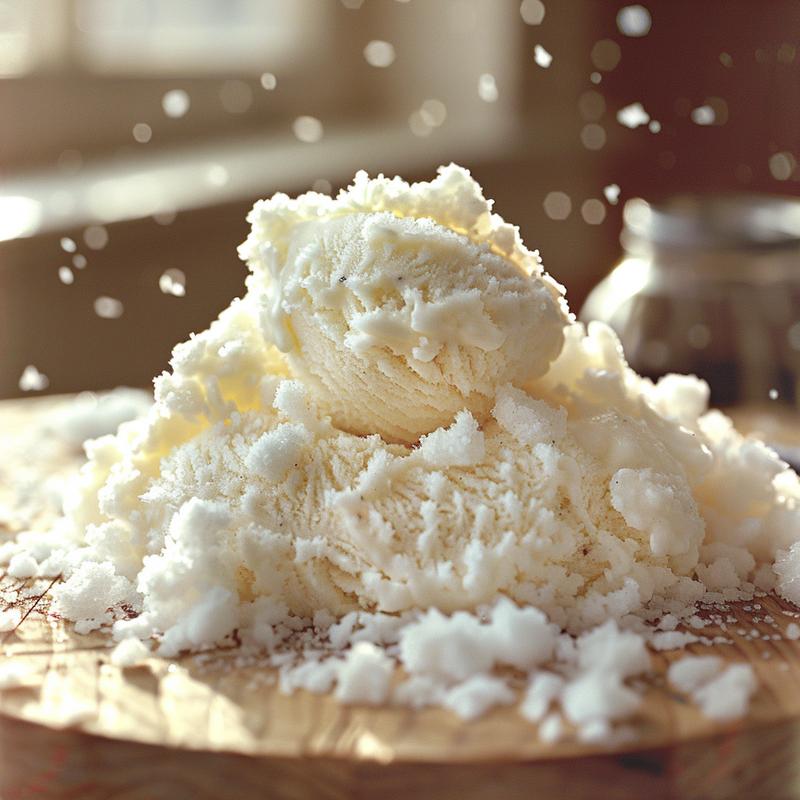 Close-up of snow ice cream on wood, showing texture and ingredients.
