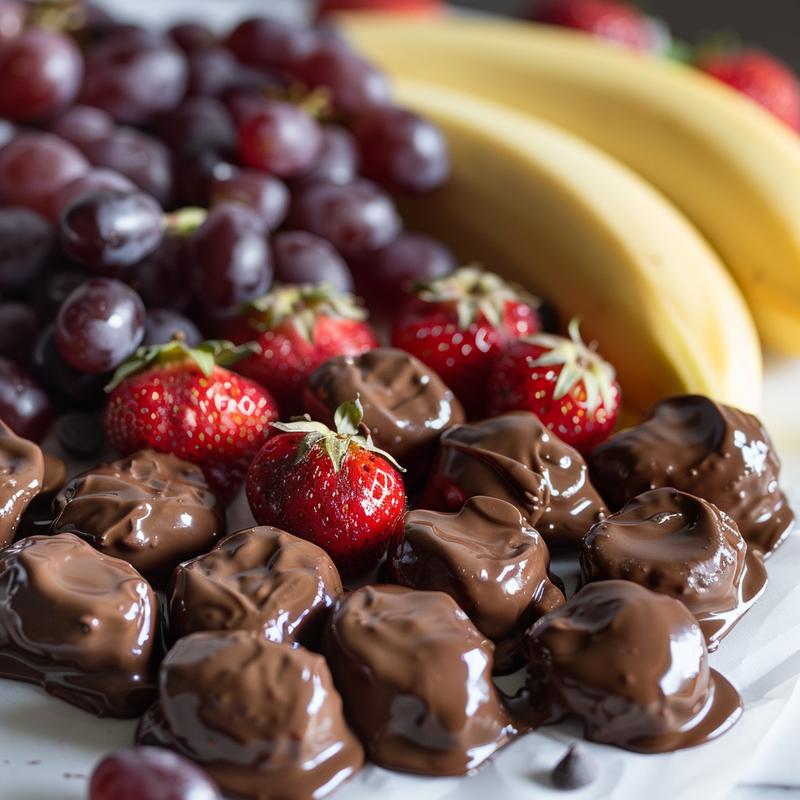 Chocolate-covered strawberries, bananas, and grapes on white marble.
