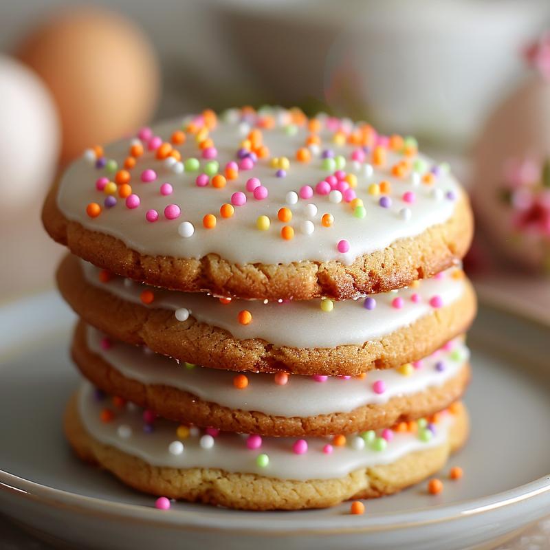 Stack of three frosted spring cookies on a light grey plate.