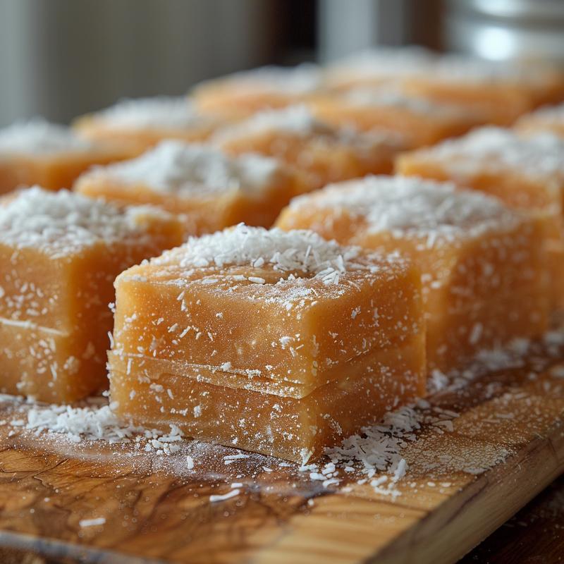 Close-up of Irish potato candy resembling small potatoes coated in coconut.
