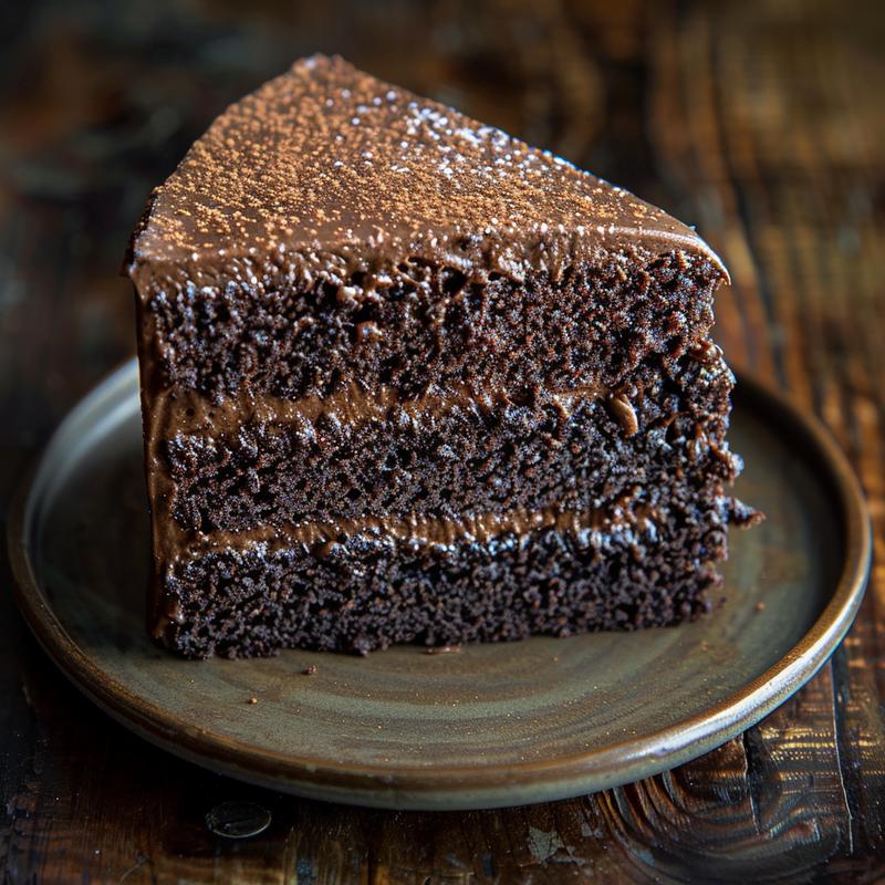 Close-up of a slice of dark chocolate Guinness cake with creamy buttercream frosting on a plate.