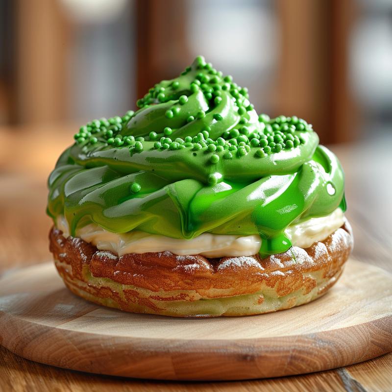 Close-up of a St. Patrick's Day themed beverage with green coloring, whipped cream, and optional sprinkles.