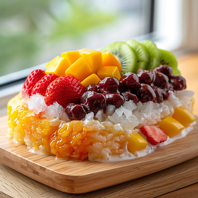 Close-up of Bingsu with red bean, fruit, and rice cake.