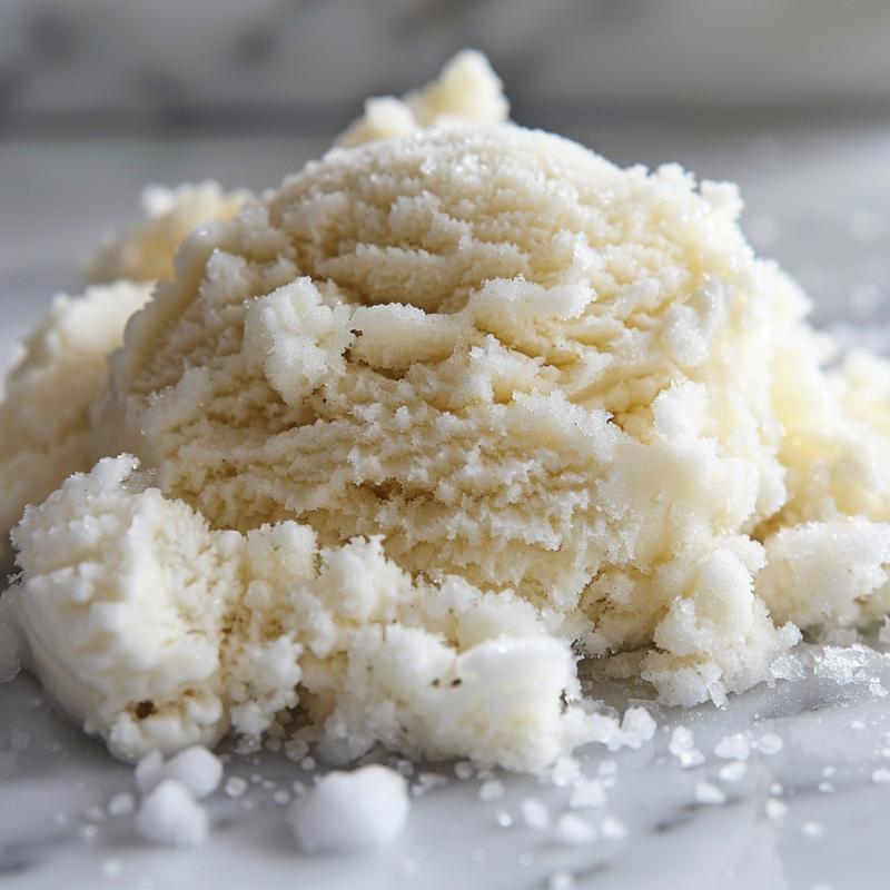 Close-up of white snow ice cream with visible sugar granules on a marble surface.