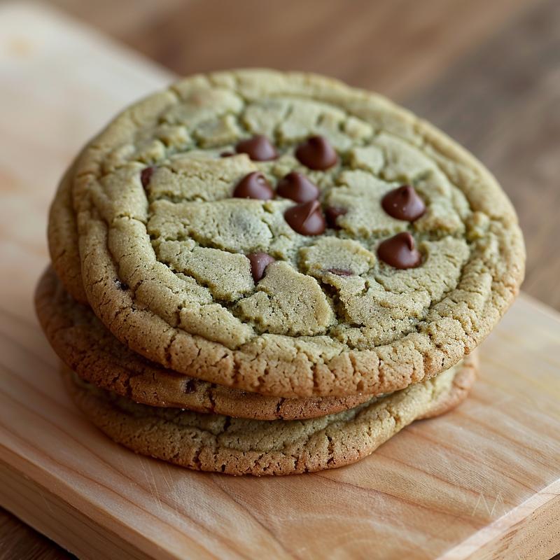 Stack of three green chocolate chip cookies on wood.