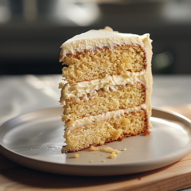 Close-up of a slice of floral-decorated cake on a wooden board.