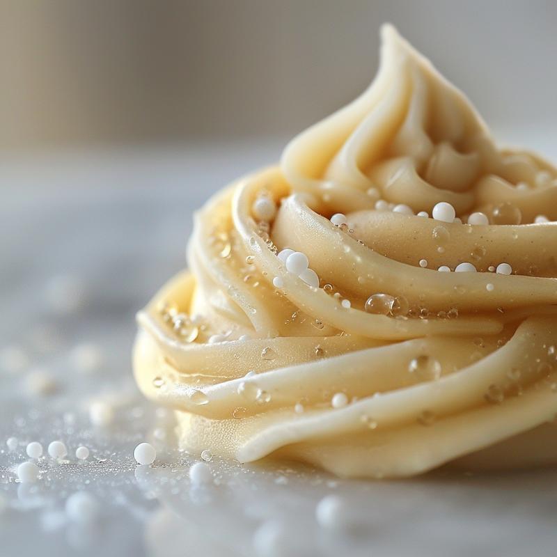 Close-up of three white royal icing consistencies on marble.