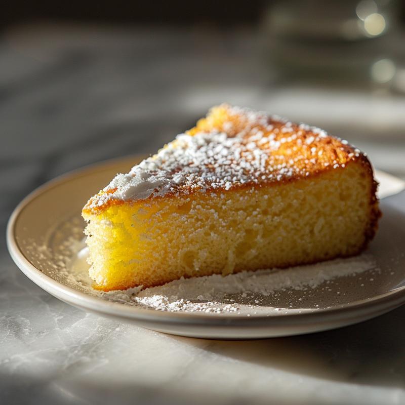 Close-up of a slice of lemon cake with white frosting on a grey plate.