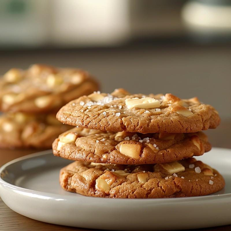 Three stacked cookies on a light grey plate, close-up view.