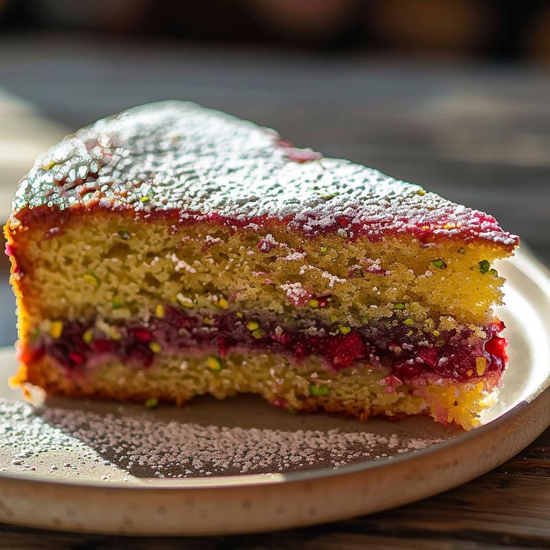 Close-up of a slice of pistachio raspberry cake on a plate.