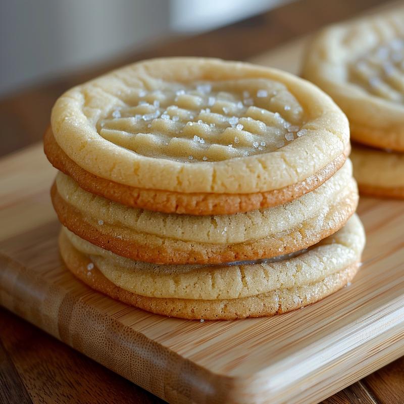 Stack of three sugar cookies with visible ingredients on a light wood board.