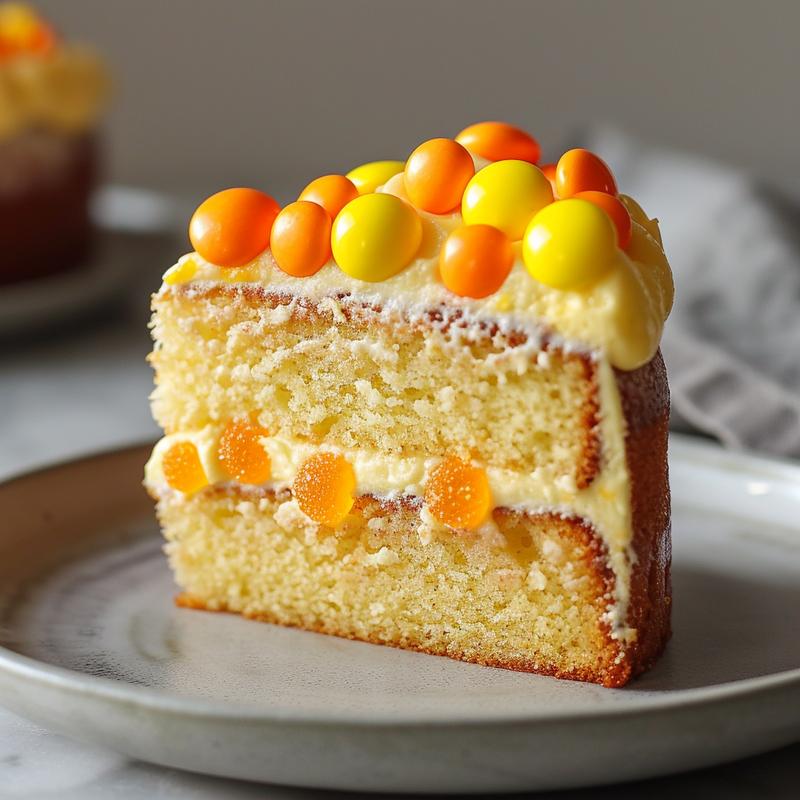 Close-up of a slice of yellow cake with buttercream frosting and orange candies on a gray plate.