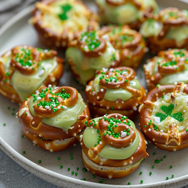 Close-up of shamrock-shaped pretzel bites with green candy melts and sprinkles.