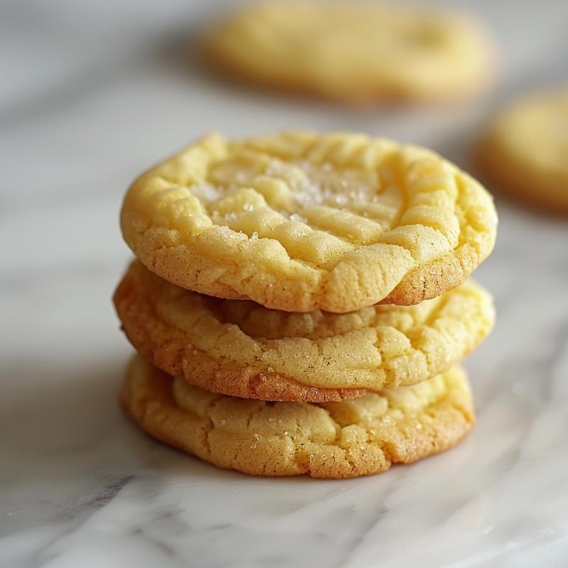 Stack of three lemon cookies on white marble.