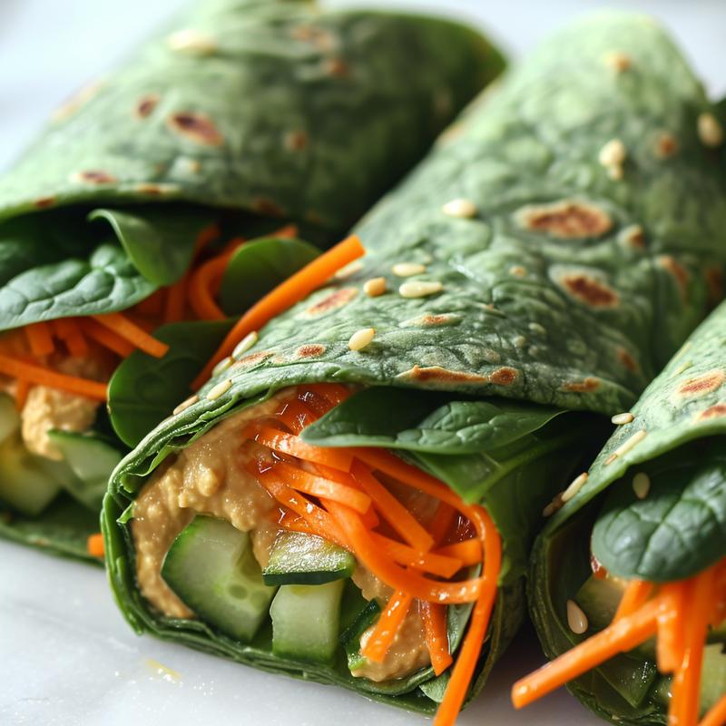 Close-up of a veggie spinach wrap with hummus on white marble.