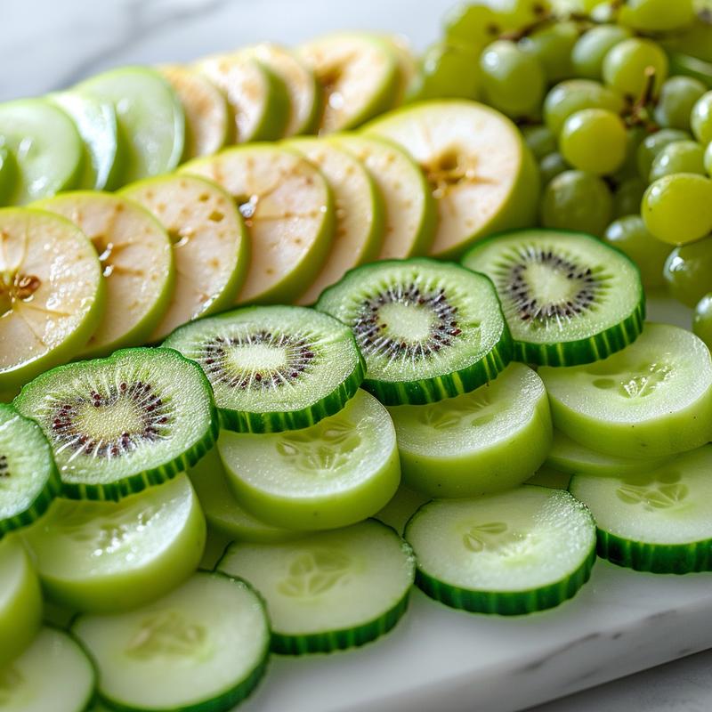 Close-up of a green charcuterie board with various fruits and vegetables on white marble.