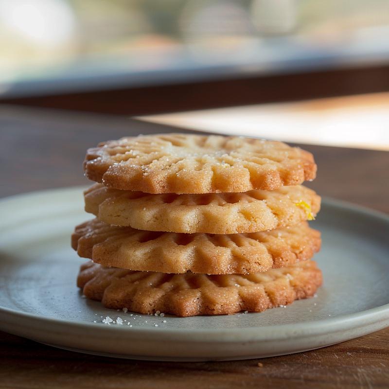 Stack of three lemon snowflake cookies on a light grey plate.