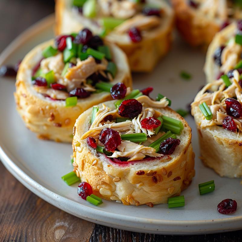 Close-up of chicken cranberry salad pinwheel sandwiches on a grey plate.