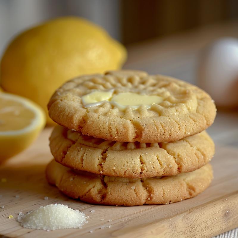 Stack of three lemon sugar cookies on wood.