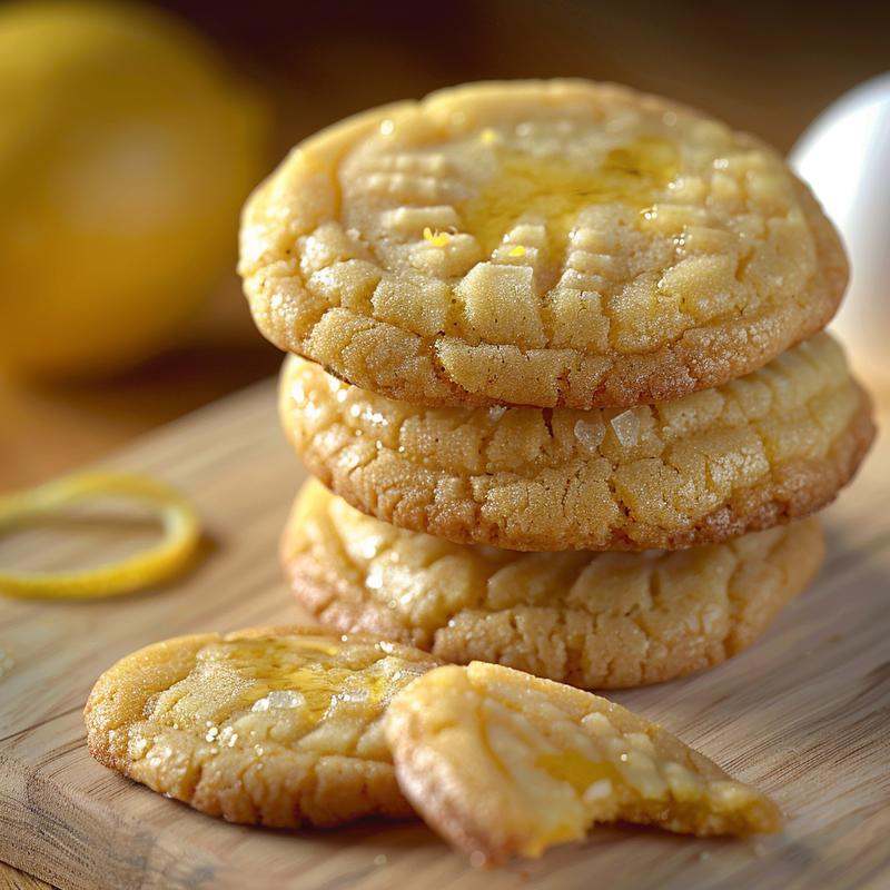 Stack of three lemon cookies on light wood.